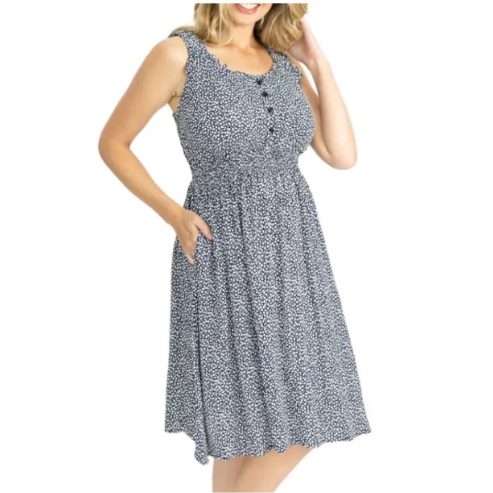 Angel Maternity Front-Button Maternity/Nursing Dress in Navy/White